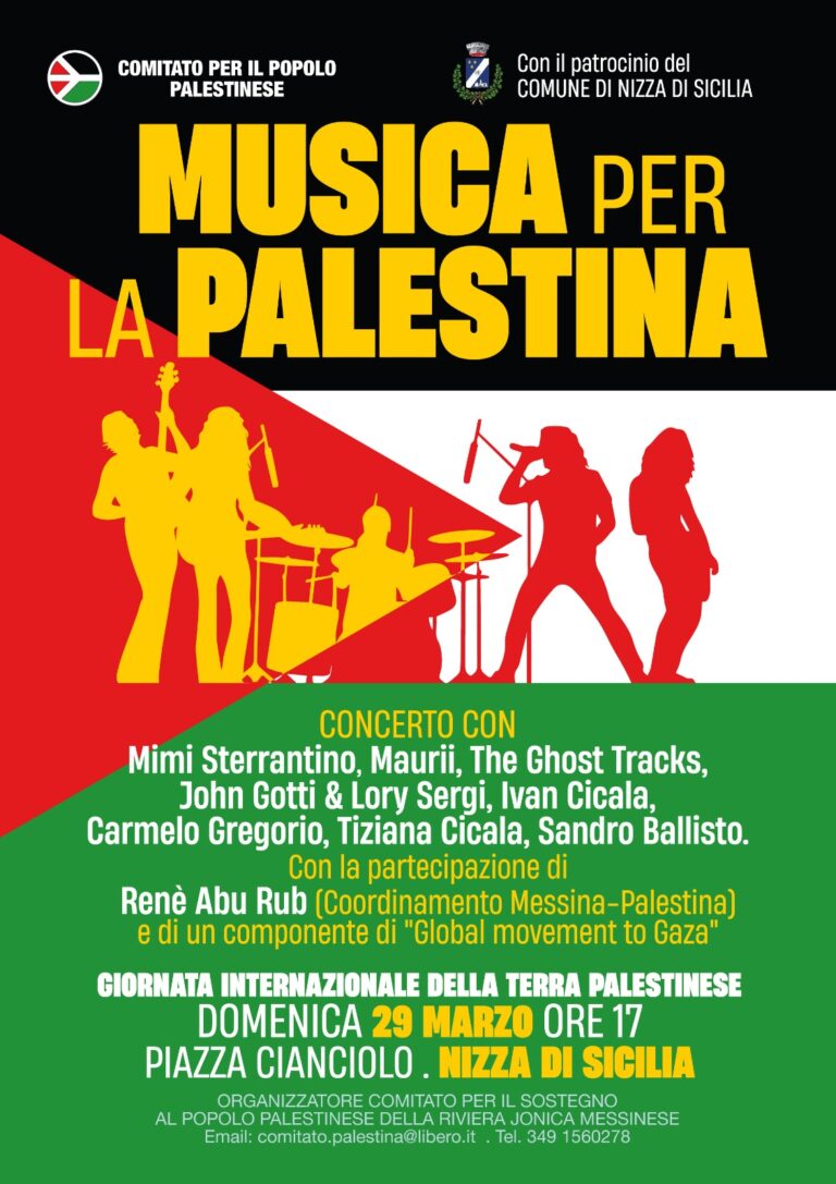 Nizza di Sicilia. Musica per la Palestina: domani pomeriggio concerto in piazza Cianciolo locandina 29 marzo Nizza